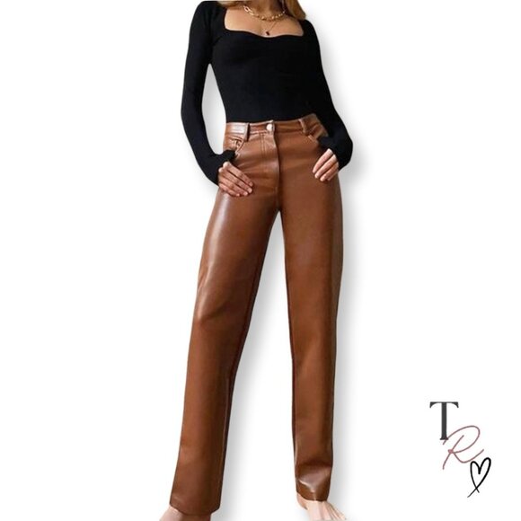Aritzia Wilfred NWT Funk Pants in Cognac Brown Faux Leather Size 0 - Picture 1 of 12